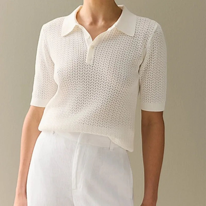 Short Sleeve Knitted T Shirt Woman Summer Casual Loose Lapel Solid Ins Hot Tops Pullover Female Sweater T Shirt Outwear