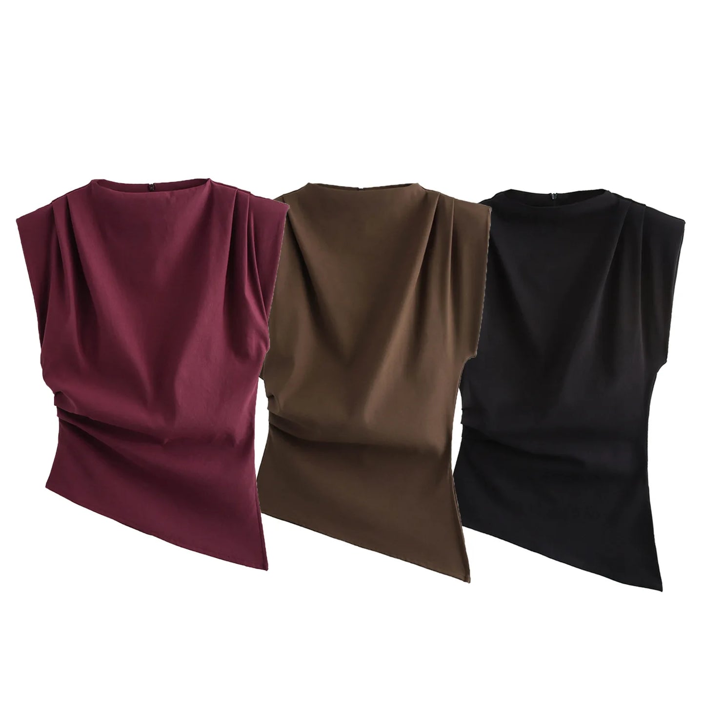 2025 Summer Asymmetric Tank Women Wine Red/Brown/Black Ruched Sleeve Office&Party Tops Breathable Stretchy Slim Fit Streetwear