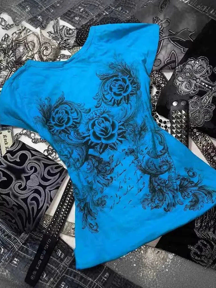 Women's Y2k grunge T-Shirts 2000s Rhinestone Print Heart Rose T-Shirt Aesthetics Harajuku Round Neck Tops street fashion