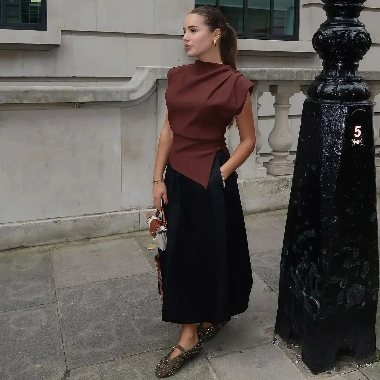 2025 Summer Asymmetric Tank Women Wine Red/Brown/Black Ruched Sleeve Office&Party Tops Breathable Stretchy Slim Fit Streetwear