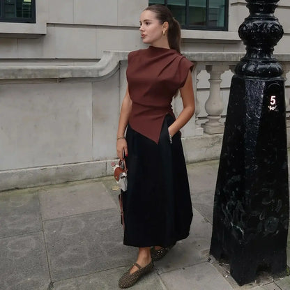2025 Summer Asymmetric Tank Women Wine Red/Brown/Black Ruched Sleeve Office&Party Tops Breathable Stretchy Slim Fit Streetwear