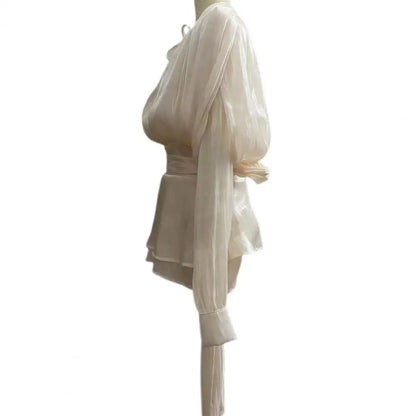 Women's Ruffle V Neck Mini Dress Long Sleeve Spliced Lace Up Dress with Shorts Summer Pleated Short Dress