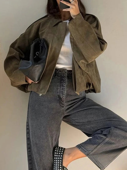 ZBZA Women's Vintage Bomber Jacket Shorts Set Loose Lapel Zipper Solid Coat High Waist Pocket A-line Shorts Spring New Chic Suit