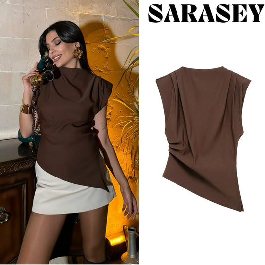 2025 Summer Asymmetric Tank Women Wine Red/Brown/Black Ruched Sleeve Office&Party Tops Breathable Stretchy Slim Fit Streetwear