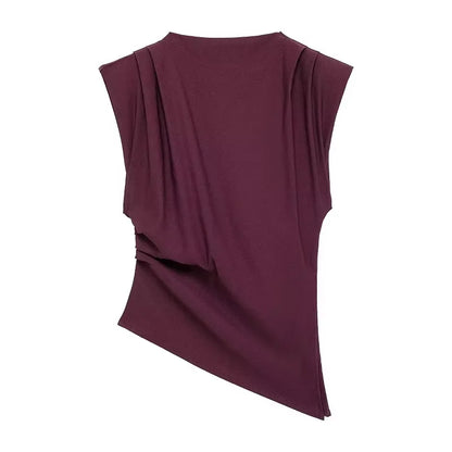 2025 Summer Asymmetric Tank Women Wine Red/Brown/Black Ruched Sleeve Office&Party Tops Breathable Stretchy Slim Fit Streetwear