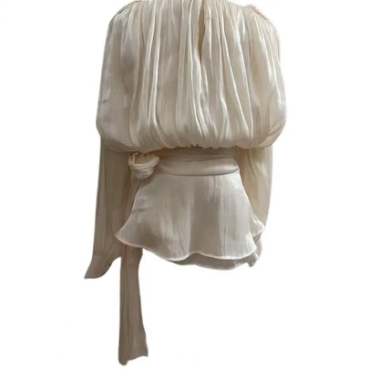 Women's Ruffle V Neck Mini Dress Long Sleeve Spliced Lace Up Dress with Shorts Summer Pleated Short Dress