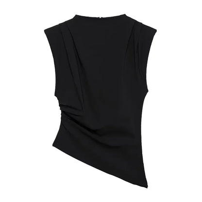 2025 Summer Asymmetric Tank Women Wine Red/Brown/Black Ruched Sleeve Office&Party Tops Breathable Stretchy Slim Fit Streetwear