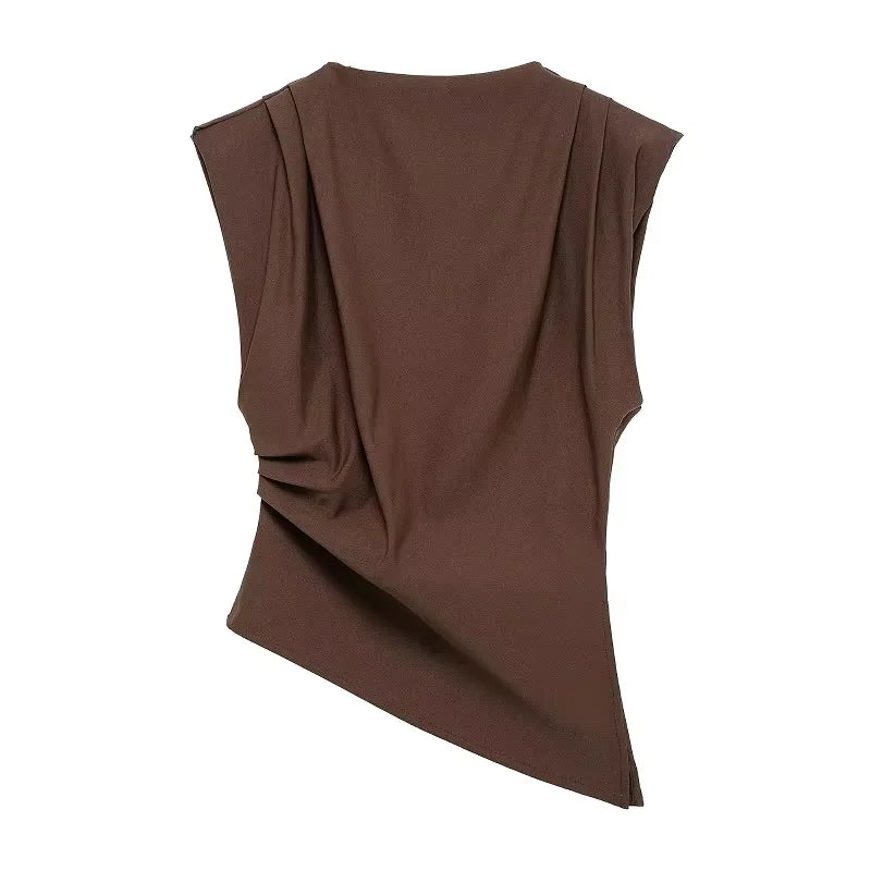 2025 Summer Asymmetric Tank Women Wine Red/Brown/Black Ruched Sleeve Office&Party Tops Breathable Stretchy Slim Fit Streetwear