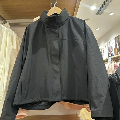 Windproof Stand Collar Hooded Jacket Women's Outdoor Casual Thin Short Coat Spring and Autumn Solid Color Stand up Collar Jacket