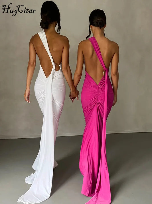 Hugcitar One Shoulder Backless Adjustable Scarf Loop Ruched Sexy Maxi Dress Women Elegant Y2K Streetwear Festival Outfit