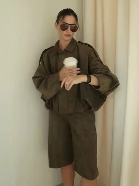 ZBZA Women's Vintage Bomber Jacket Shorts Set Loose Lapel Zipper Solid Coat High Waist Pocket A-line Shorts Spring New Chic Suit