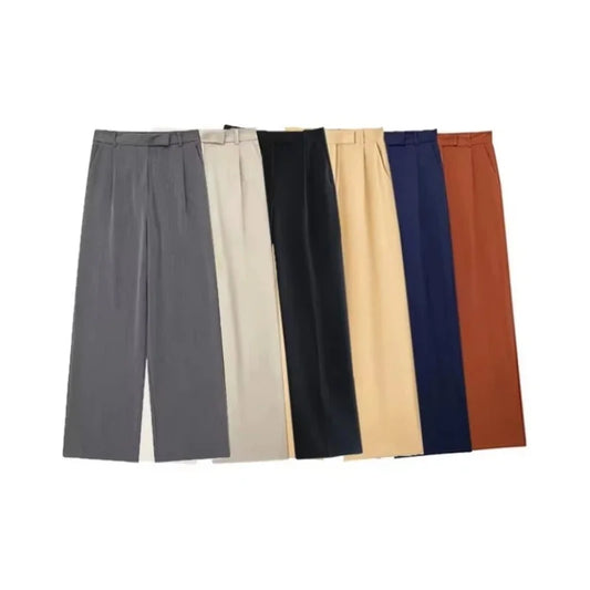 Casual Fashion Wide Leg Pants Women Pocket High Waist Zipper Pleated Solid Trousers Simple Young Streetwear Commuting Pant 2025