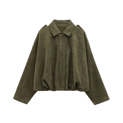 ZBZA Women's Vintage Bomber Jacket Shorts Set Loose Lapel Zipper Solid Coat High Waist Pocket A-line Shorts Spring New Chic Suit
