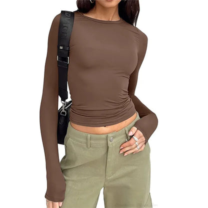 2025 Spring Autumn Women Y2K Pink T-Shirt Causal Long Sleeve Crop Tops O Neck Pullovers Base Tees Bodycon Slim Fit T Shirt