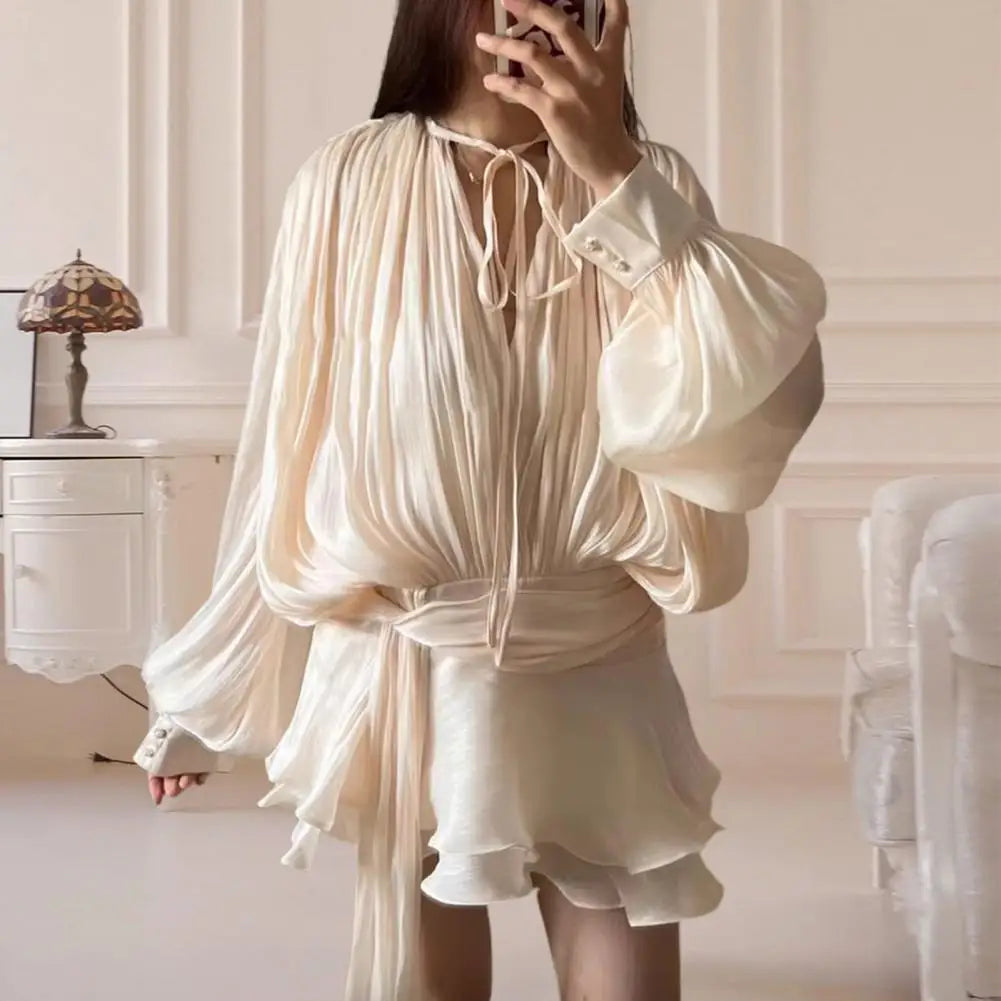 Women's Ruffle V Neck Mini Dress Long Sleeve Spliced Lace Up Dress with Shorts Summer Pleated Short Dress