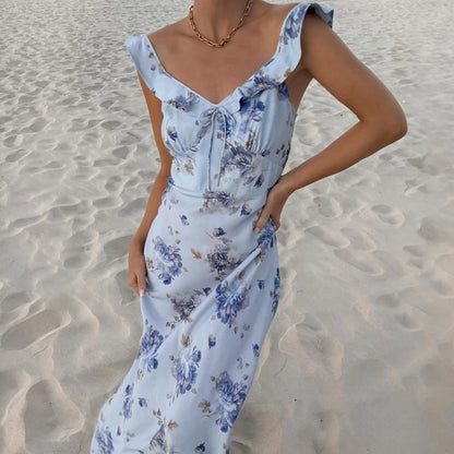 WhereMery Fashion Women Floral Printed Maxi Dresses Sexy Lady Off Shoulder Backless Ruffle Halter Dress Elegant Summer Vestidos