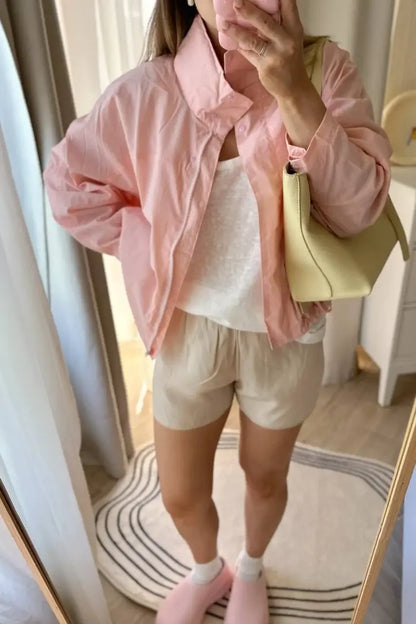 Windproof Stand Collar Hooded Jacket Women's Outdoor Casual Thin Short Coat Spring and Autumn Solid Color Stand up Collar Jacket