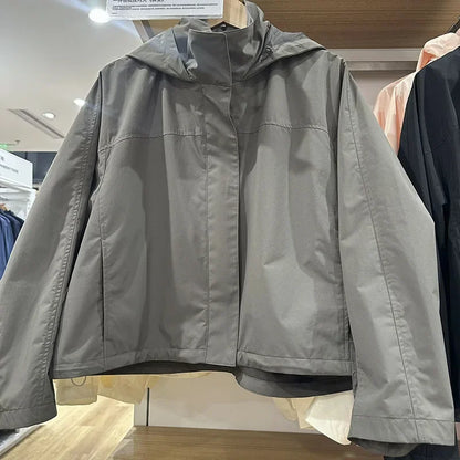Windproof Stand Collar Hooded Jacket Women's Outdoor Casual Thin Short Coat Spring and Autumn Solid Color Stand up Collar Jacket